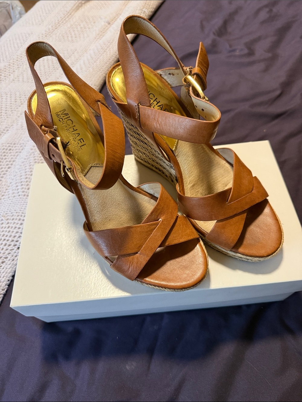 MICHAEL Michael Kors Brown Leather Espadrille Wedge Sandals     Size 8.5